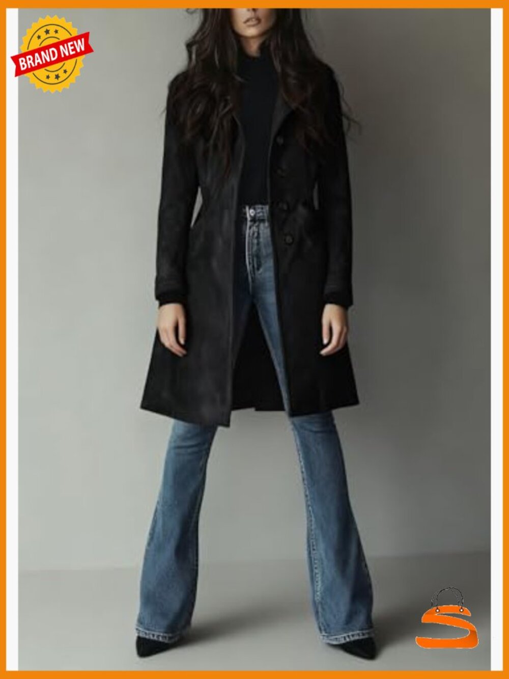 Faux Suede Trench Coat Long Sleeve Notch Lapel Overcoat with Pockets - Picture 6 of 7